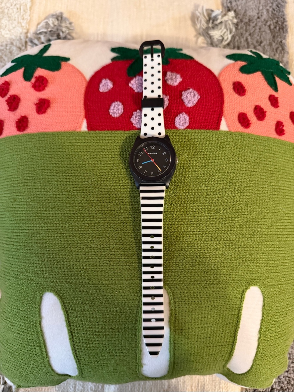 AWATCH- Black Dial Watch with Black & White Striped/Polka Dot Strap